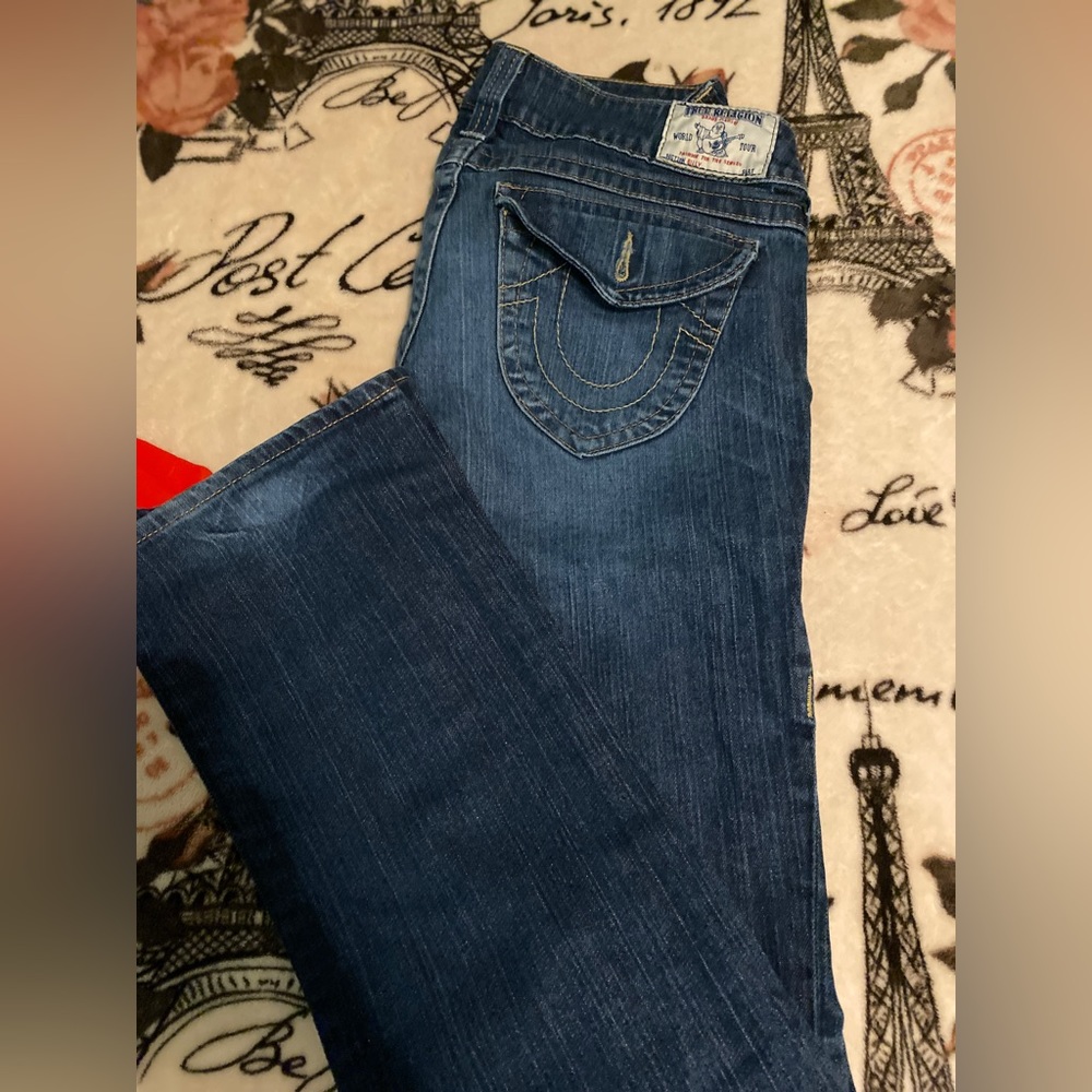 These are true religion jeans in blue.